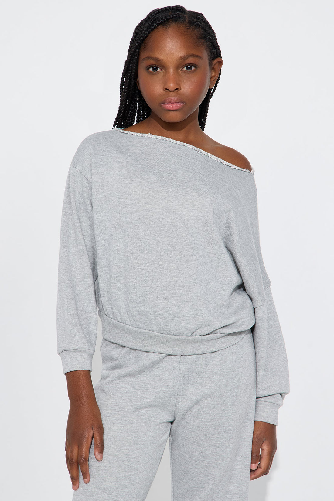 Mini Robyn Off Shoulder Pant Set - Heather Grey
