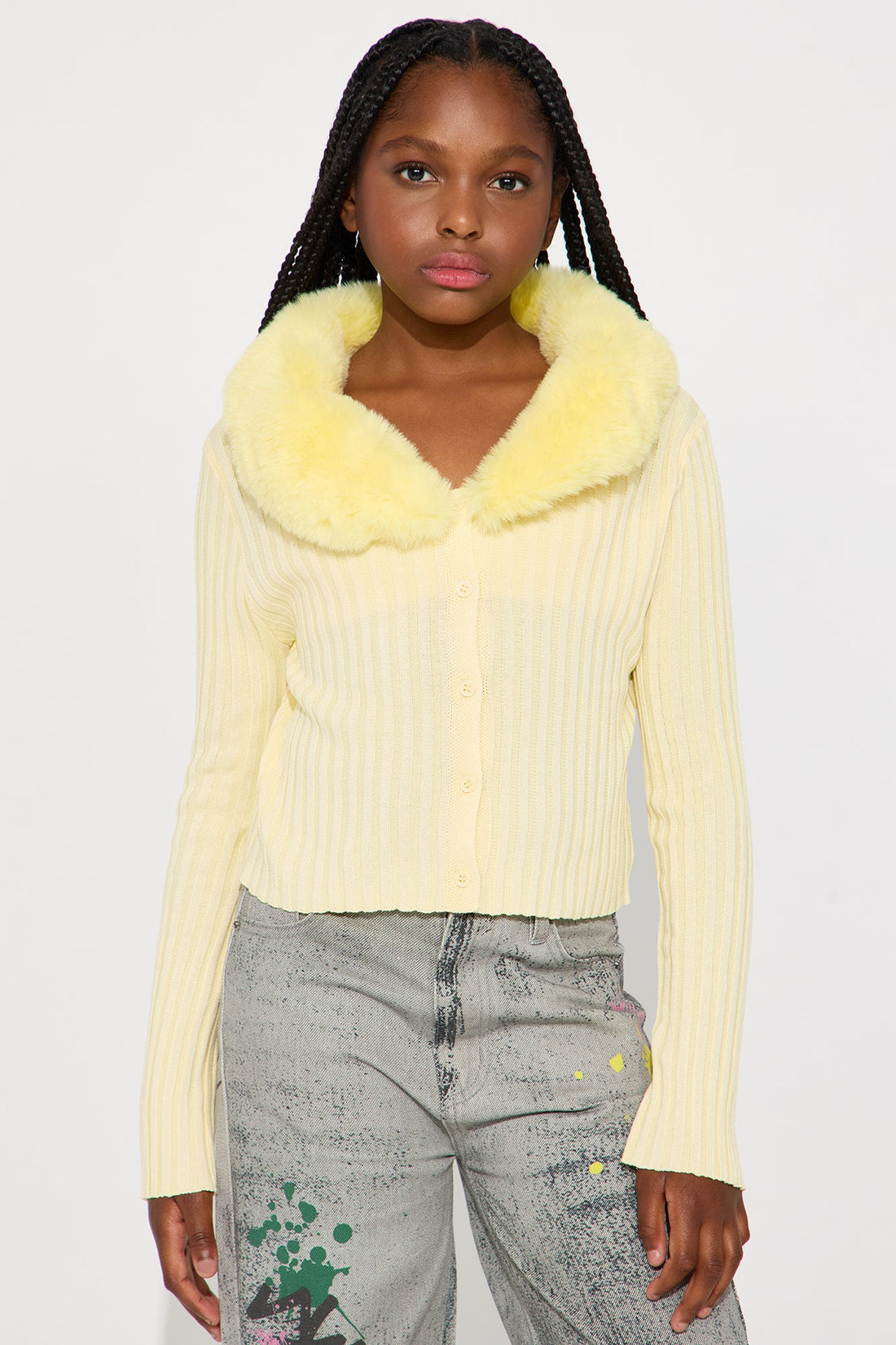 Mini Fluff Game Strong Faux Fur Cardigan - Butter Yellow