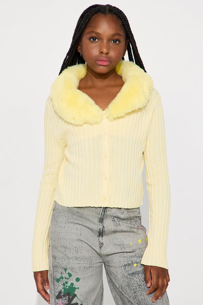 Mini Fluff Game Strong Faux Fur Cardigan - Butter Yellow
