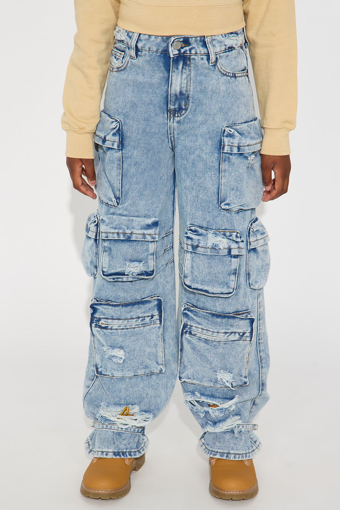 Mini Nikki Non Stretch Acid Wash Cargo Jeans - Medium Wash