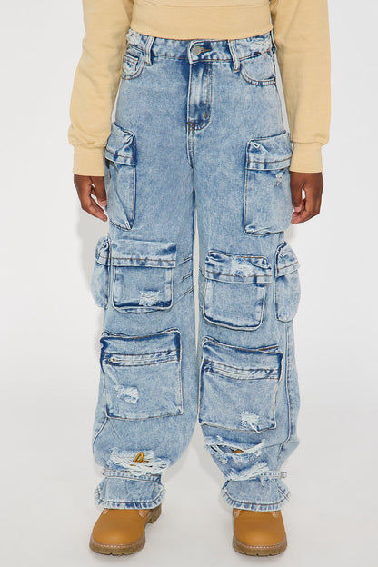 Mini Nikki Non Stretch Acid Wash Cargo Jeans - Medium Wash