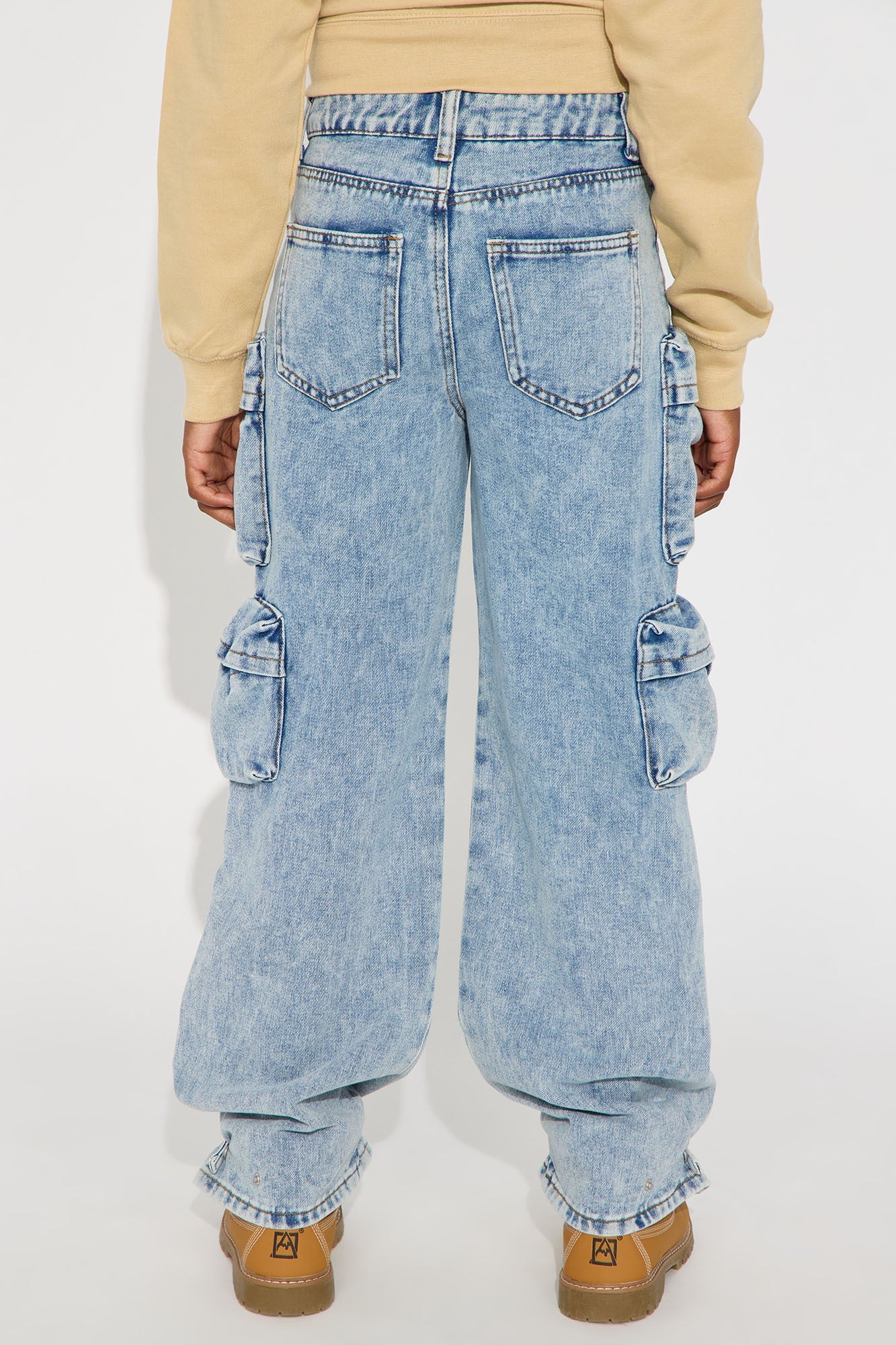 Mini Nikki Non Stretch Acid Wash Cargo Jeans - Medium Wash