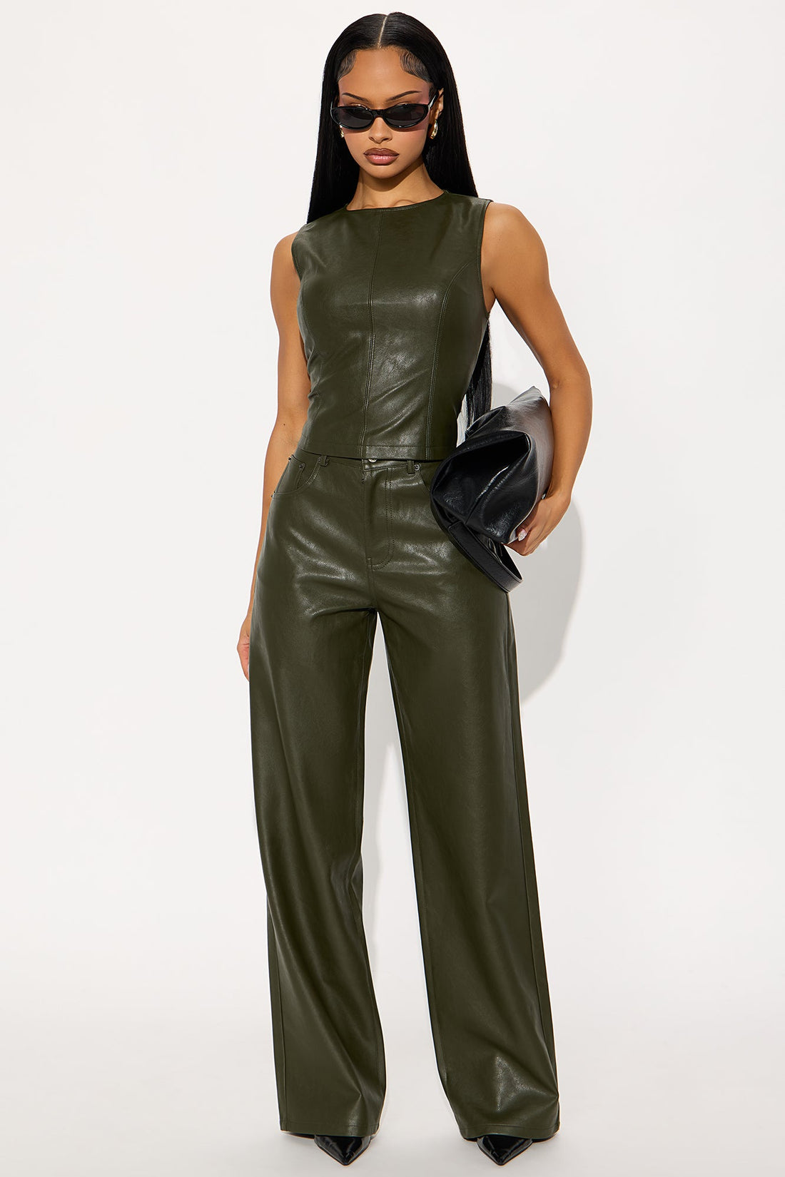 Gianna Faux Leather Pant Set - Olive