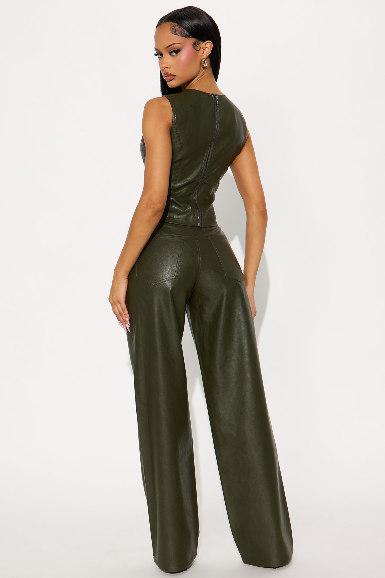 Gianna Faux Leather Pant Set - Olive