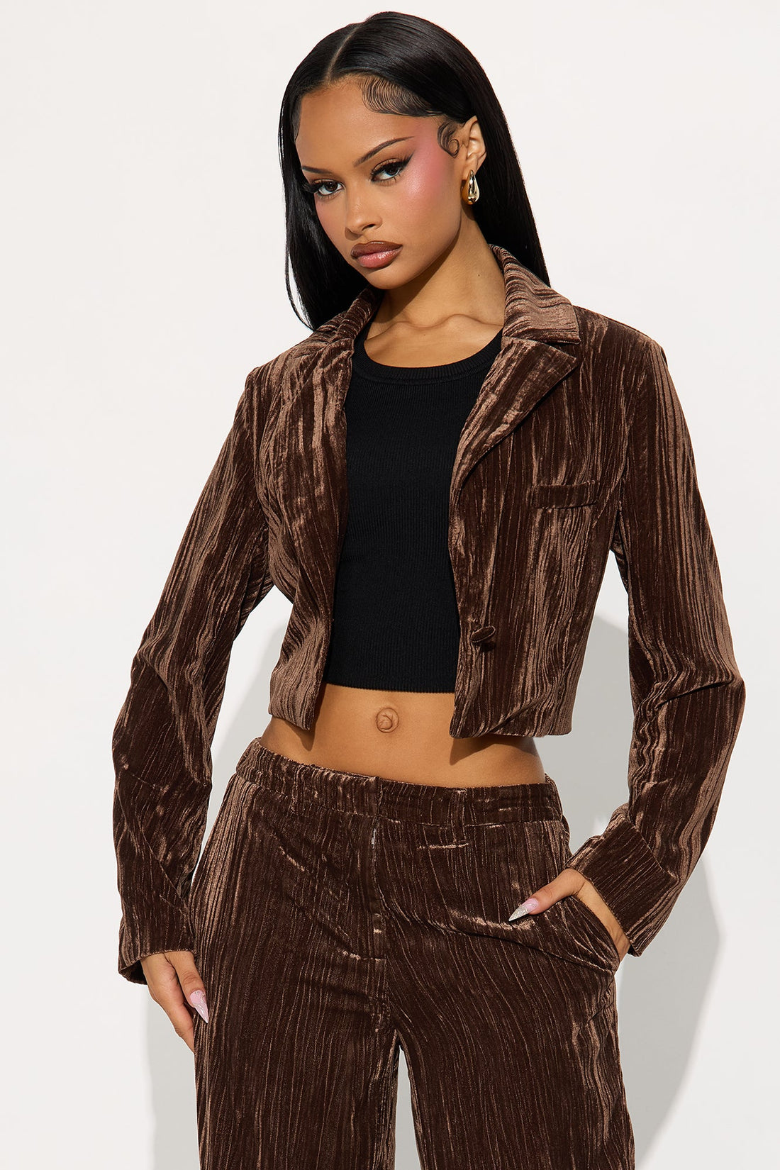Keep You Wondering Cropped Velvet Blazer - Brown