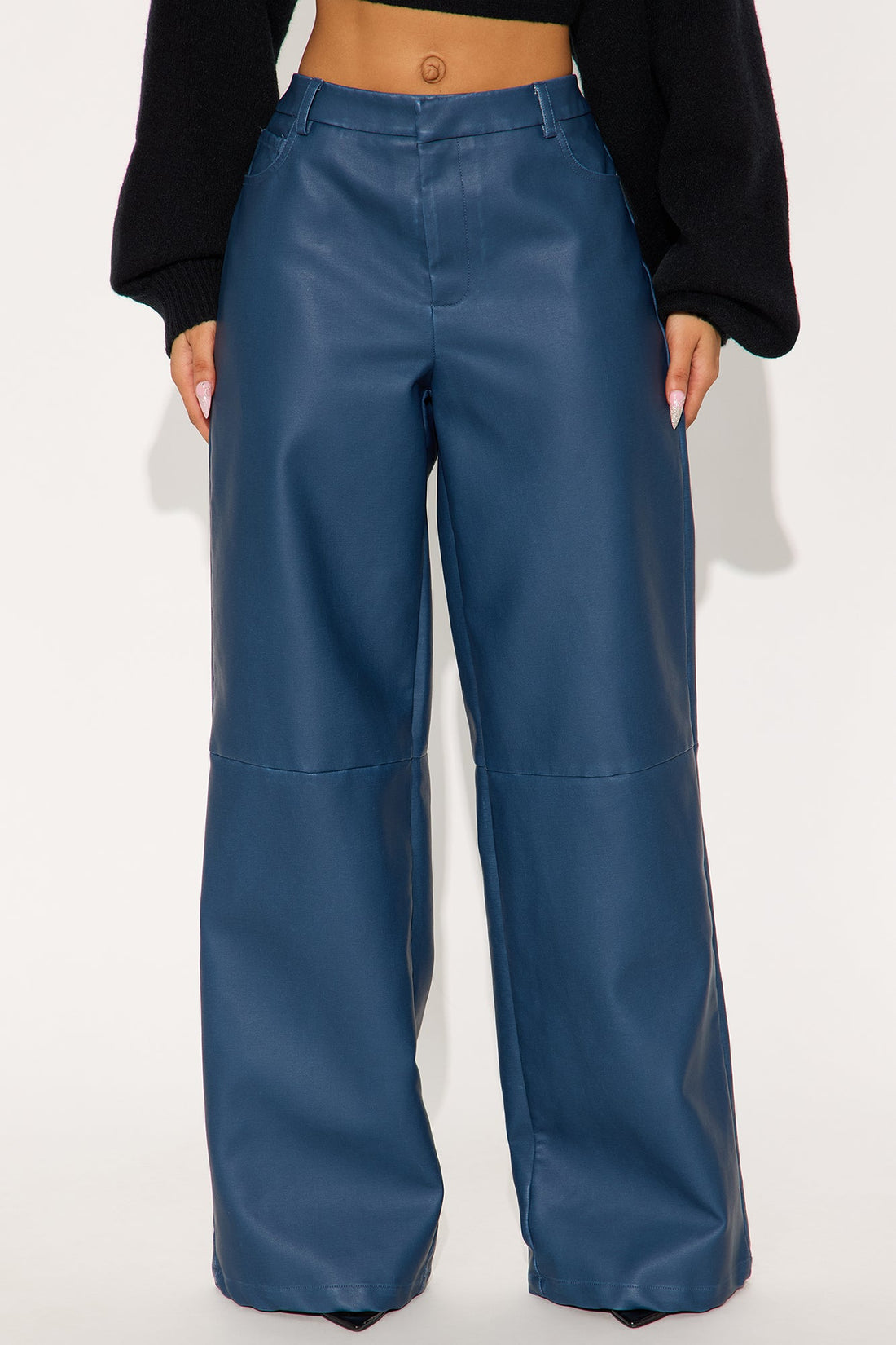 Double Down Faux Leather Wide Leg Pant 33″ - Blue