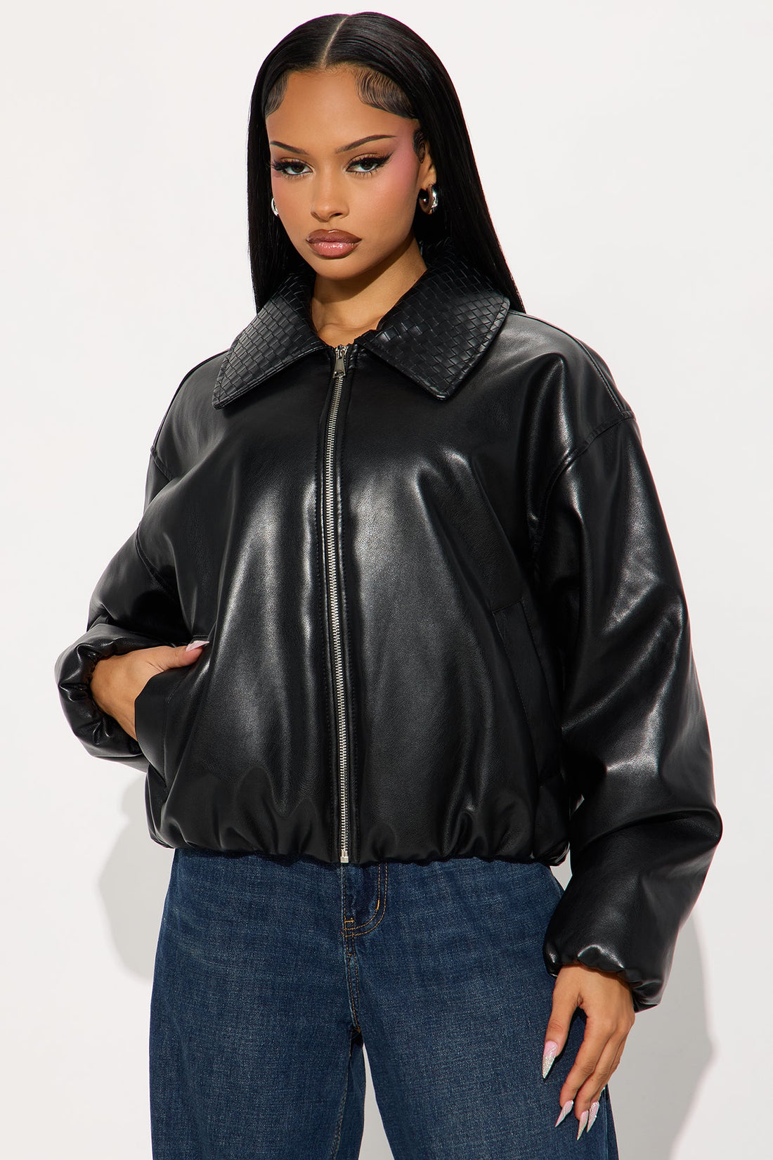 Haylee Faux Leather Bomber Jacket - Black
