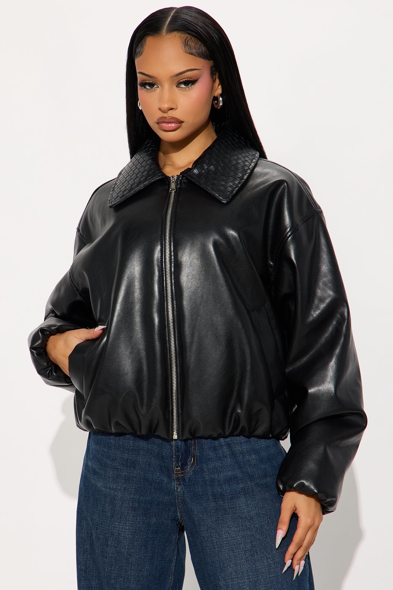 Haylee Faux Leather Bomber Jacket - Black