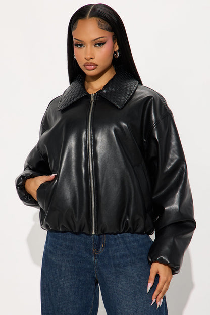 Haylee Faux Leather Bomber Jacket - Black
