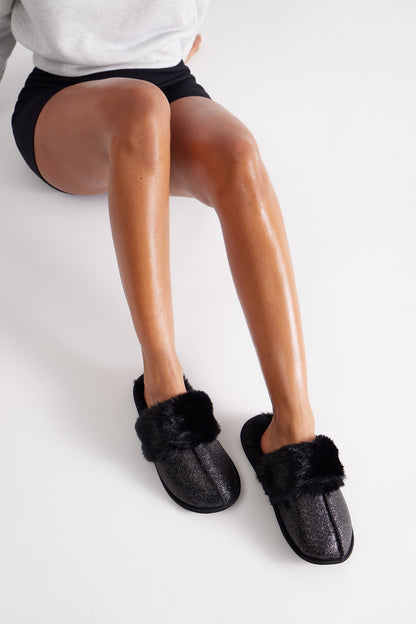 Bizzy Fur Trim Glitter Slippers - Black