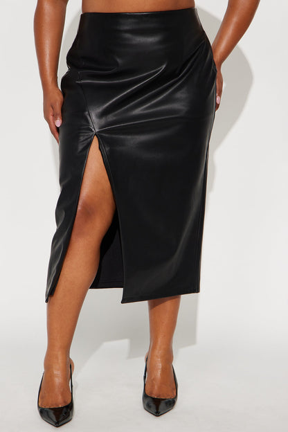 Amiah High Slit Faux Leather Midi Skirt - Black