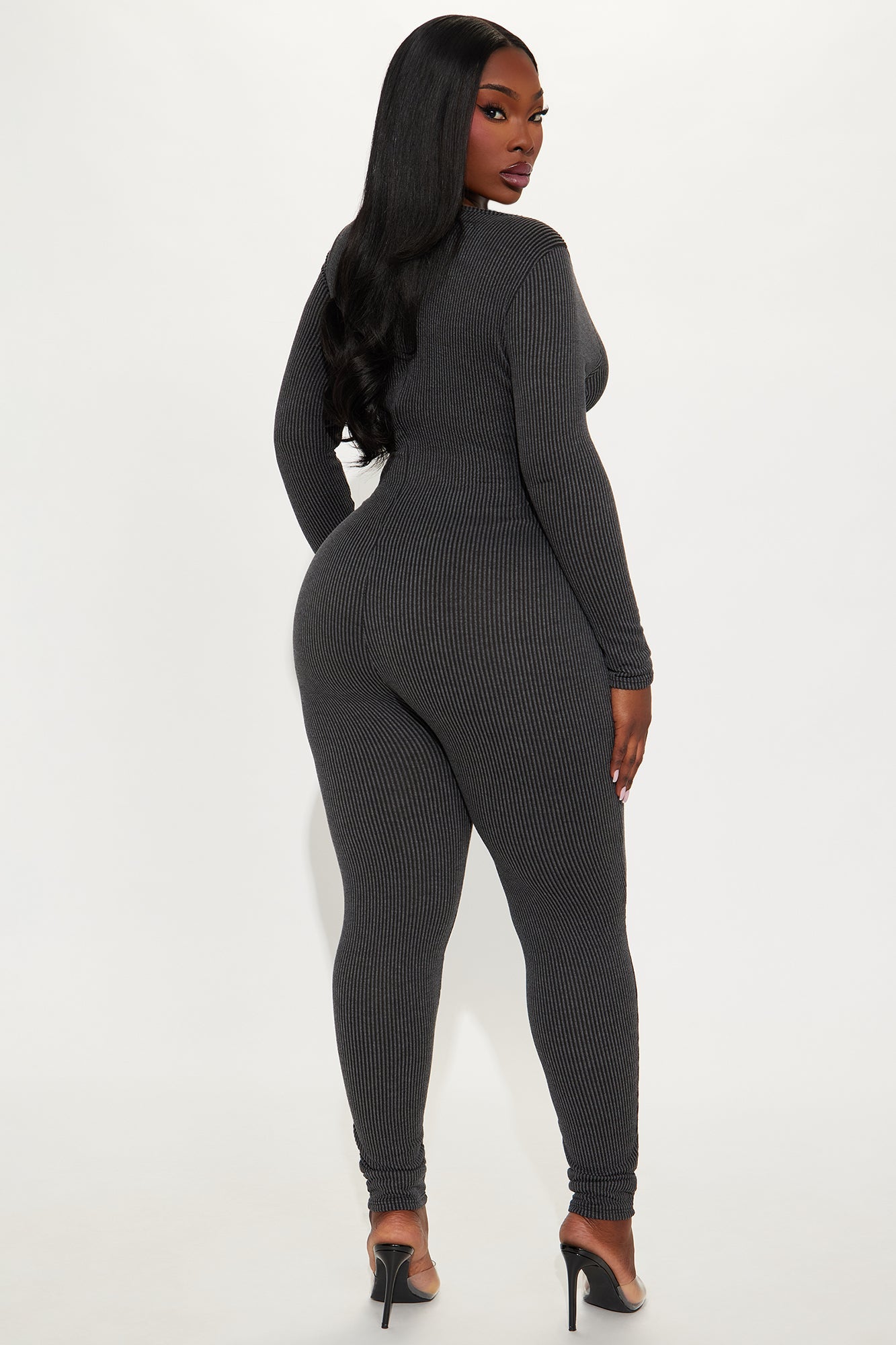 Kate Ribbed Long Sleeve Jumpsuit - Charcoal