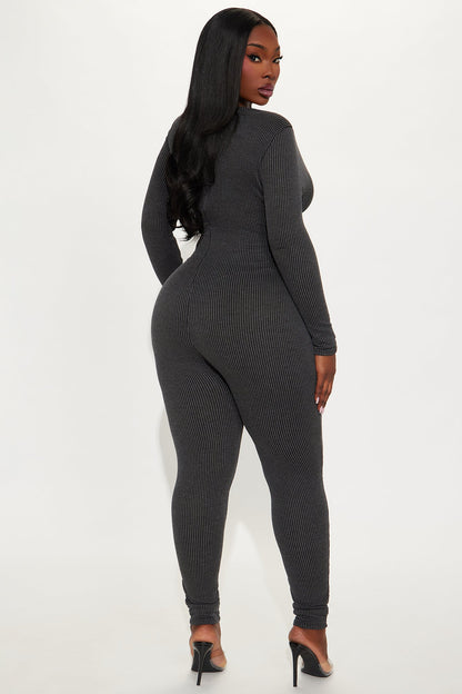 Kate Ribbed Long Sleeve Jumpsuit - Charcoal