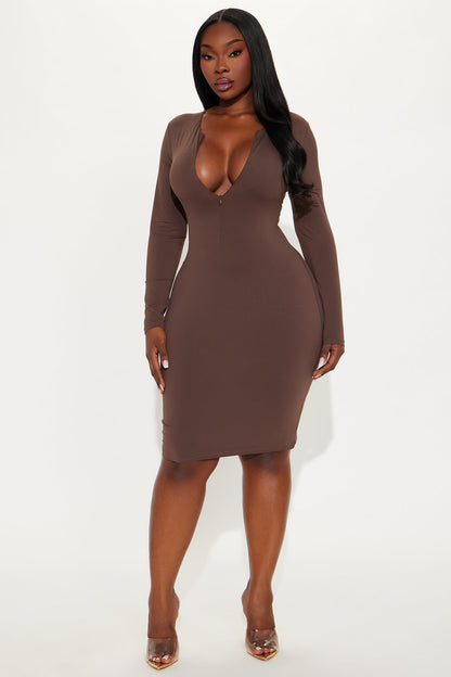 Second Skin Double Lined Zip Front Long Sleeve Midi Dress - Chocolate