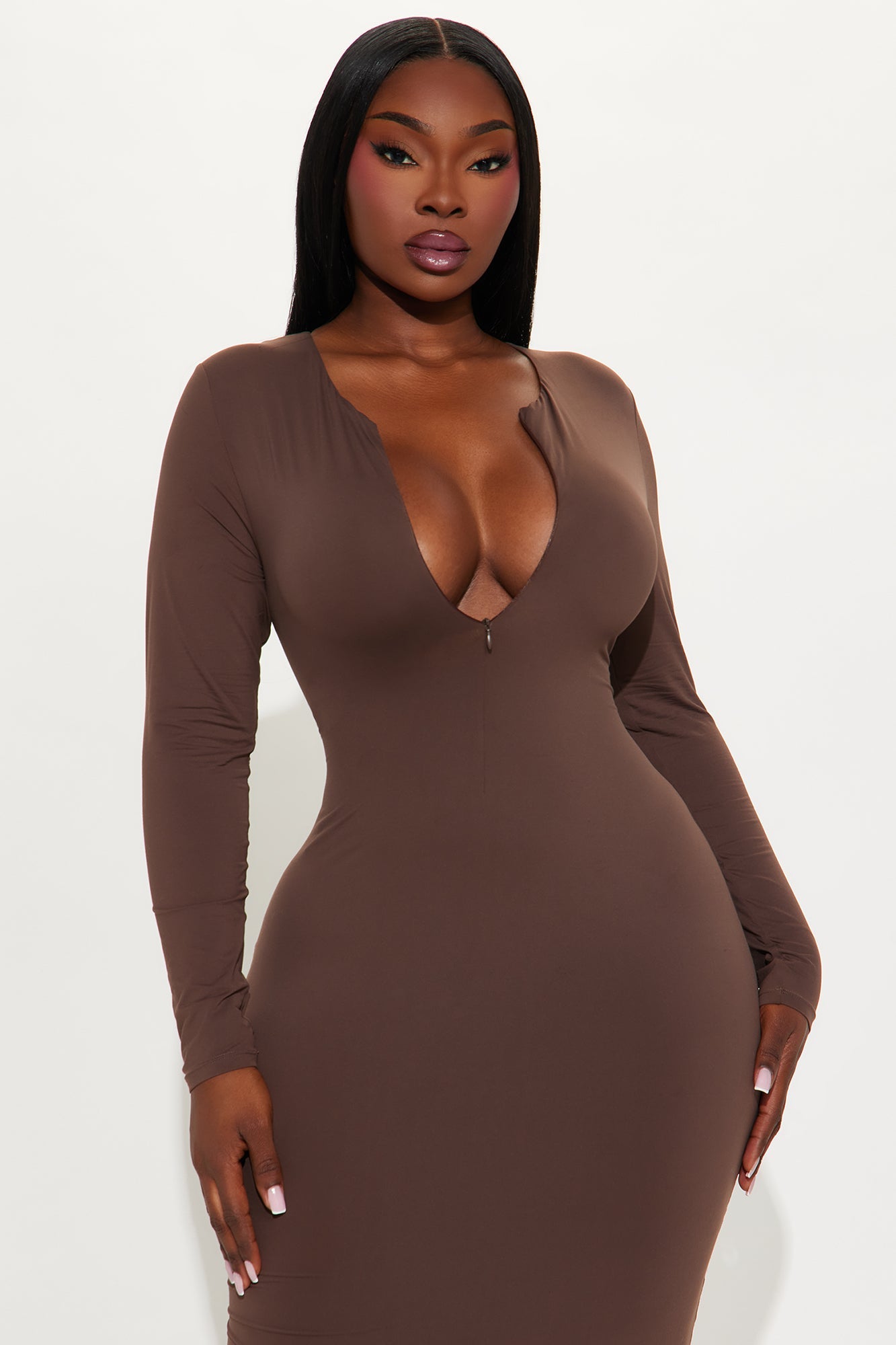 Second Skin Double Lined Zip Front Long Sleeve Midi Dress - Chocolate