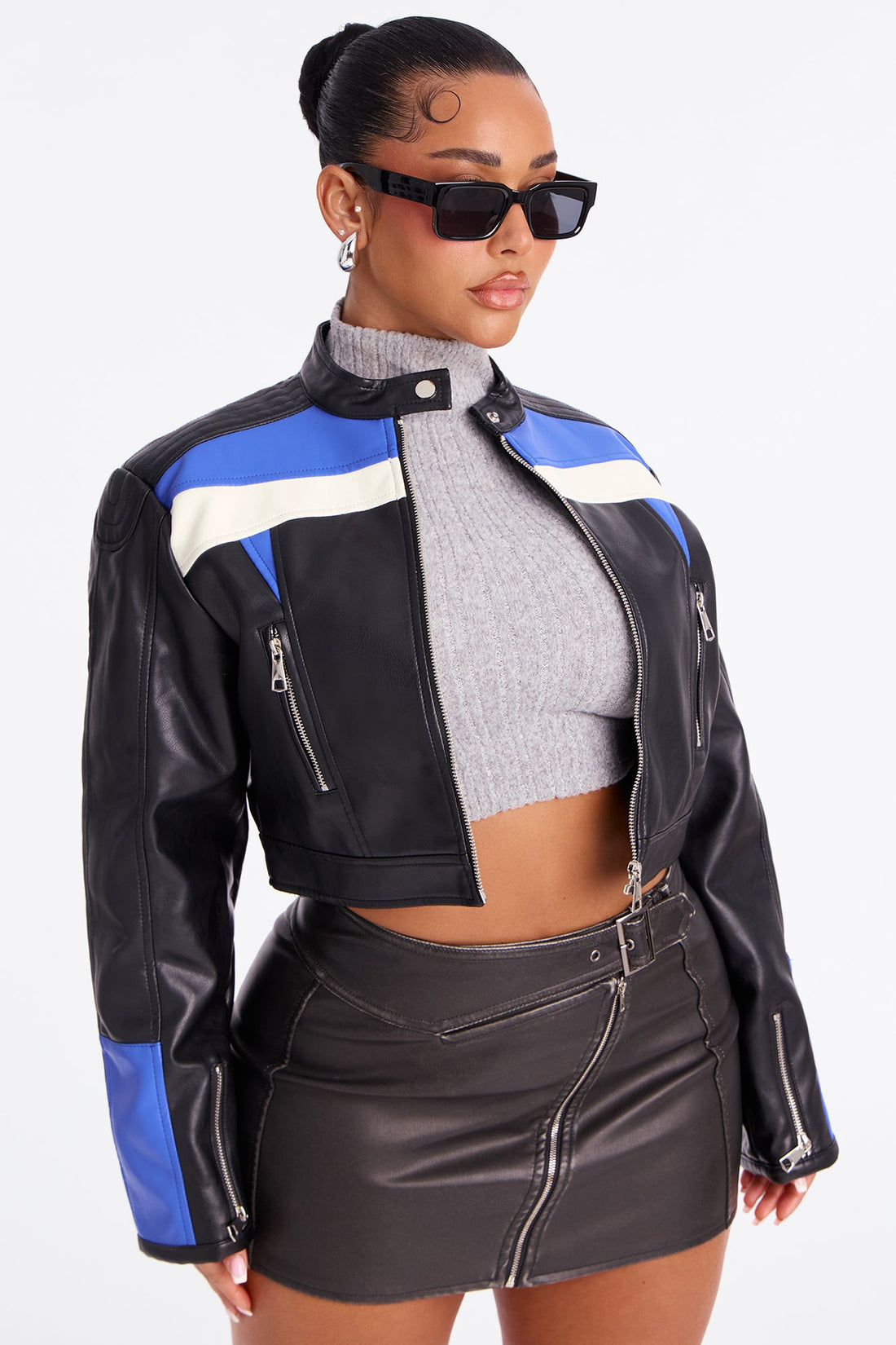 Aero Speed Cropped Faux Leather Moto Jacket - Black/combo