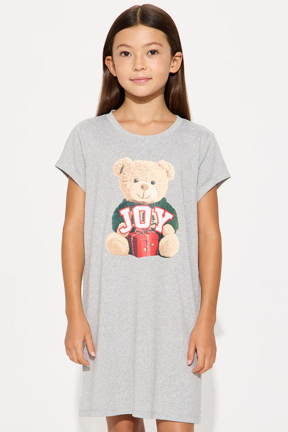 Mini Joyful Teddy Bear Short Sleeve Shirt Dress - Heather Grey