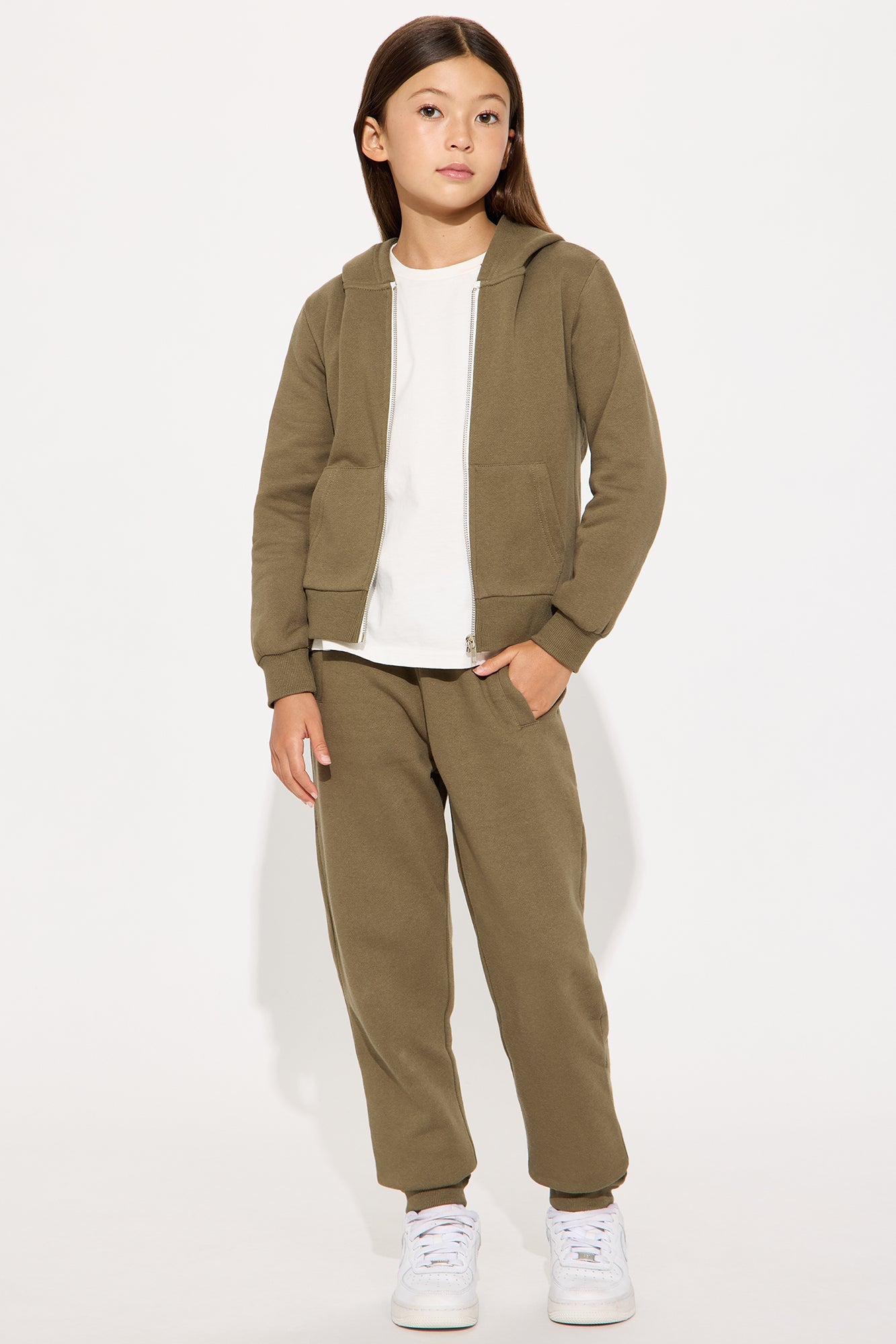 Mini Relaxed Vibe Zip Up Jacket and Jogger Pant Set - Olive