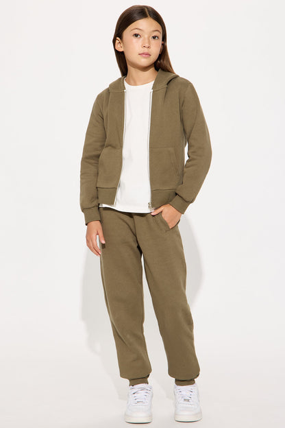 Mini Relaxed Vibe Zip Up Jacket and Jogger Pant Set - Olive
