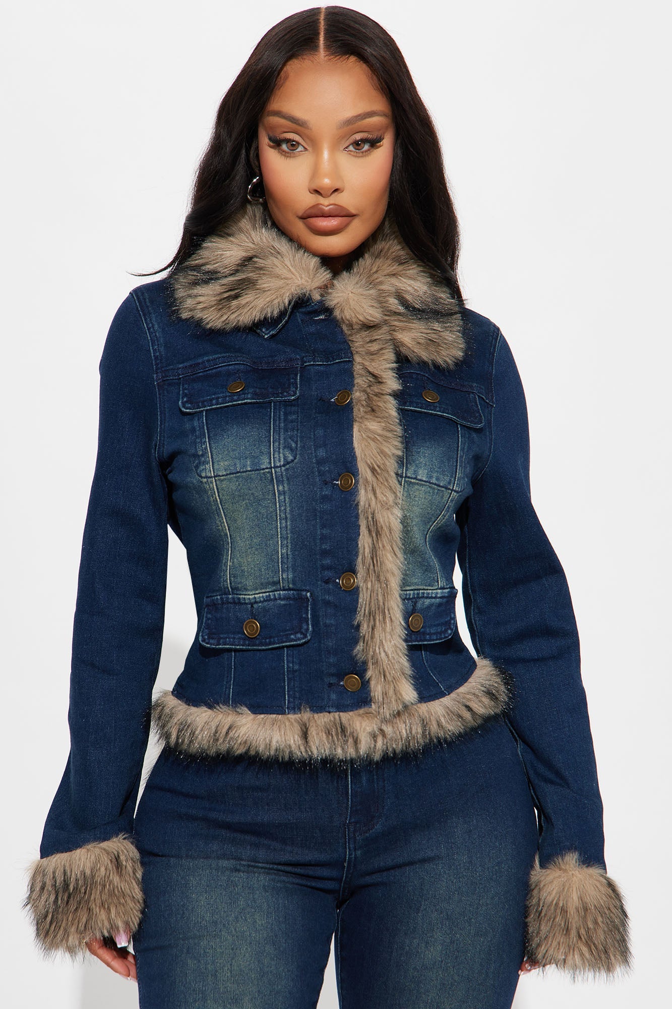 Chantel Faux Fur Trim Denim Jacket - Dark Wash