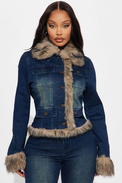 Chantel Faux Fur Trim Denim Jacket - Dark Wash