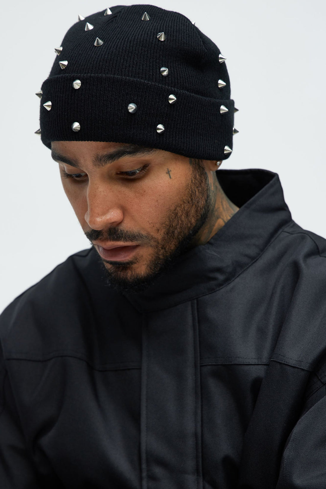 All Over Stud Ribbed Beanie - Black
