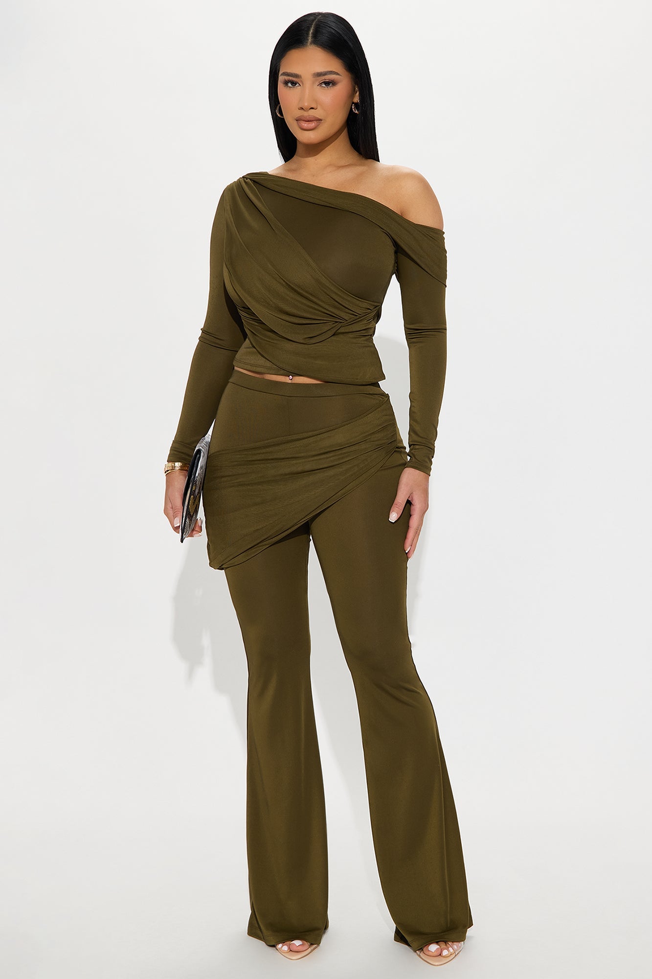 Evelyn One Shoulder Draped Pant Set - Olive