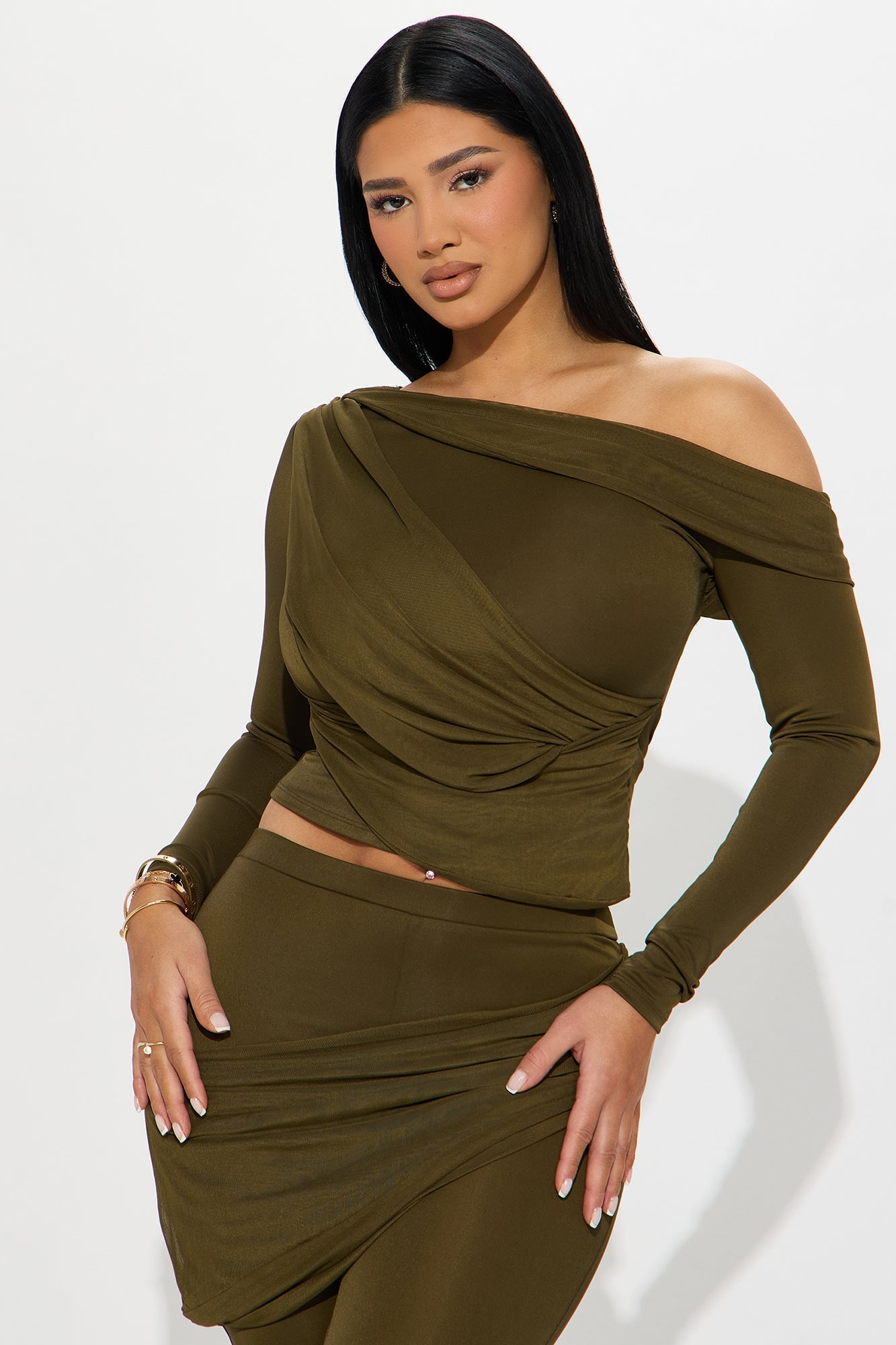 Evelyn One Shoulder Draped Pant Set - Olive