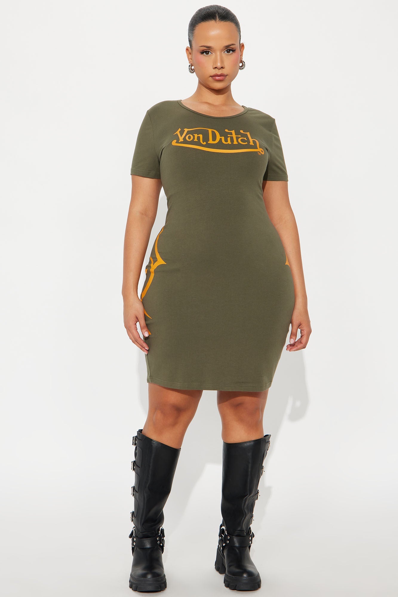 Von Dutch Trendy Long Sleeve Mini Dress - Olive/combo