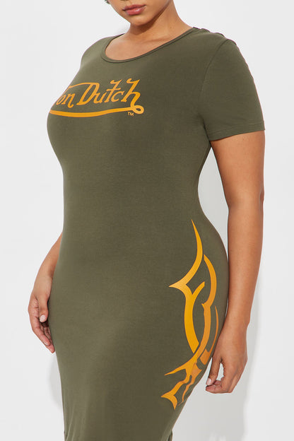 Von Dutch Trendy Long Sleeve Mini Dress - Olive/combo