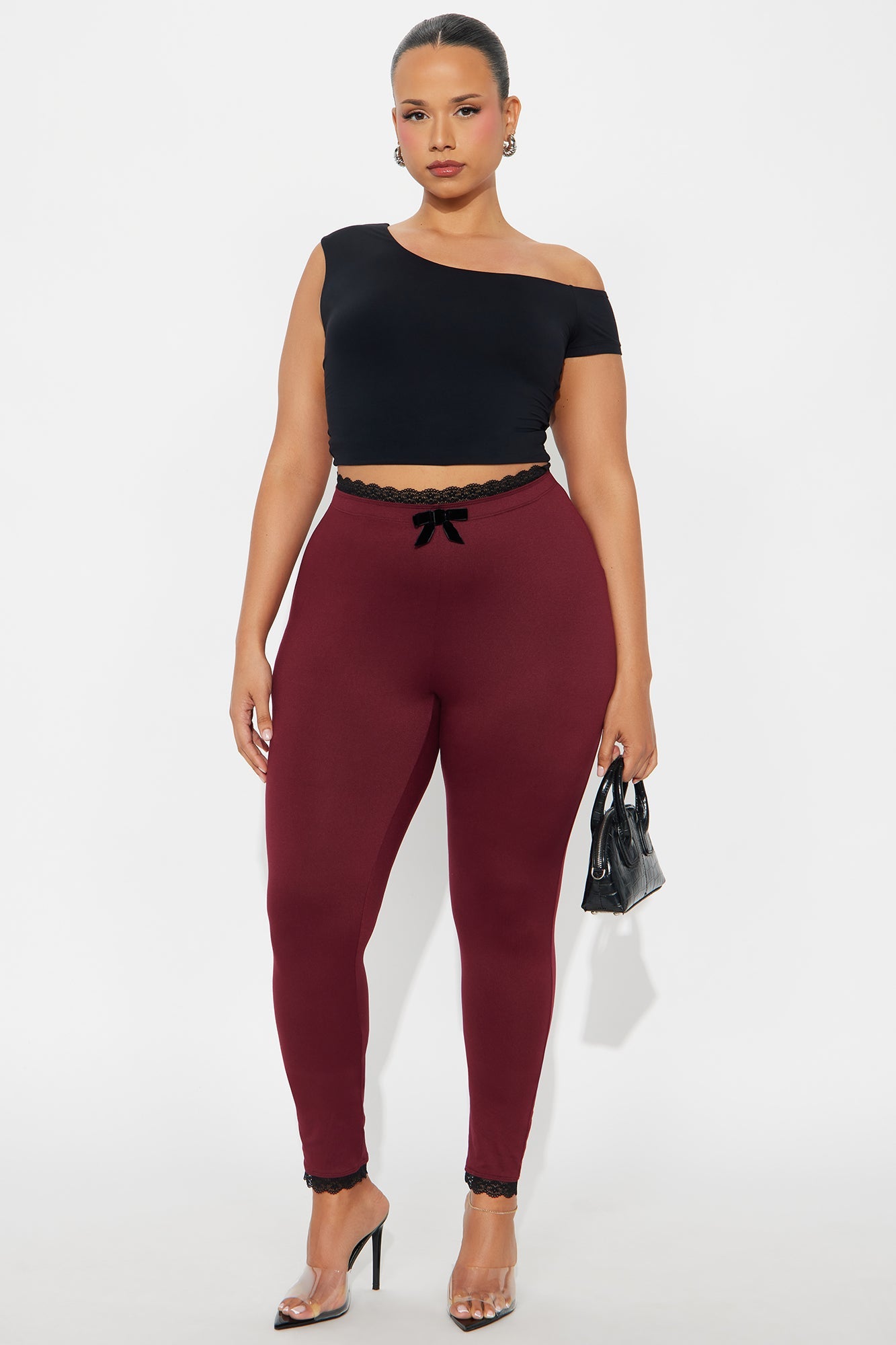 Valentina Solid Lace Trim Legging - Burgundy