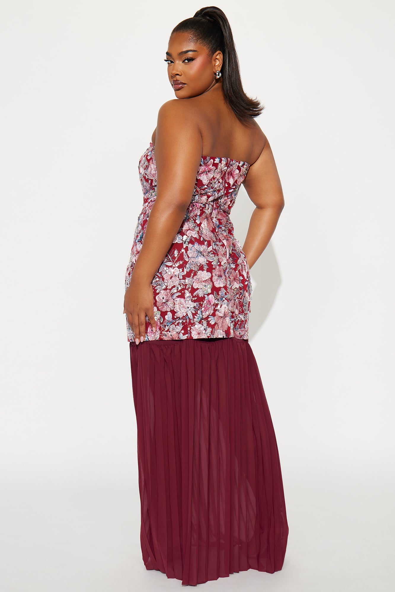Sequin Statement Chiffon Gown - Burgundy