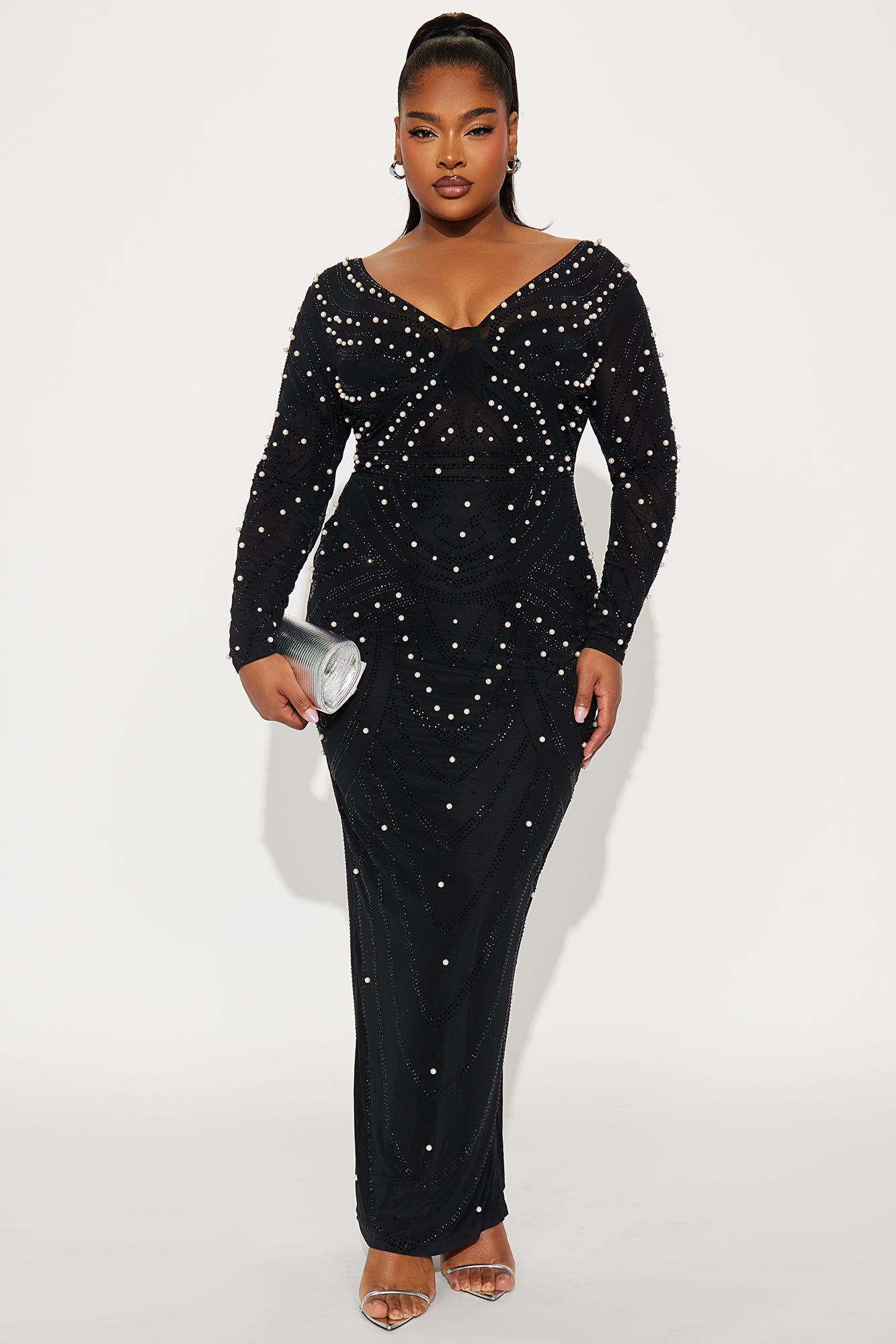 Cali Embellished Long Sleeve Gown - Black