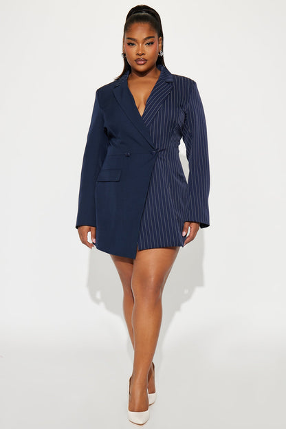 Split Decision Pinstripe Blazer Mini Dress - Navy