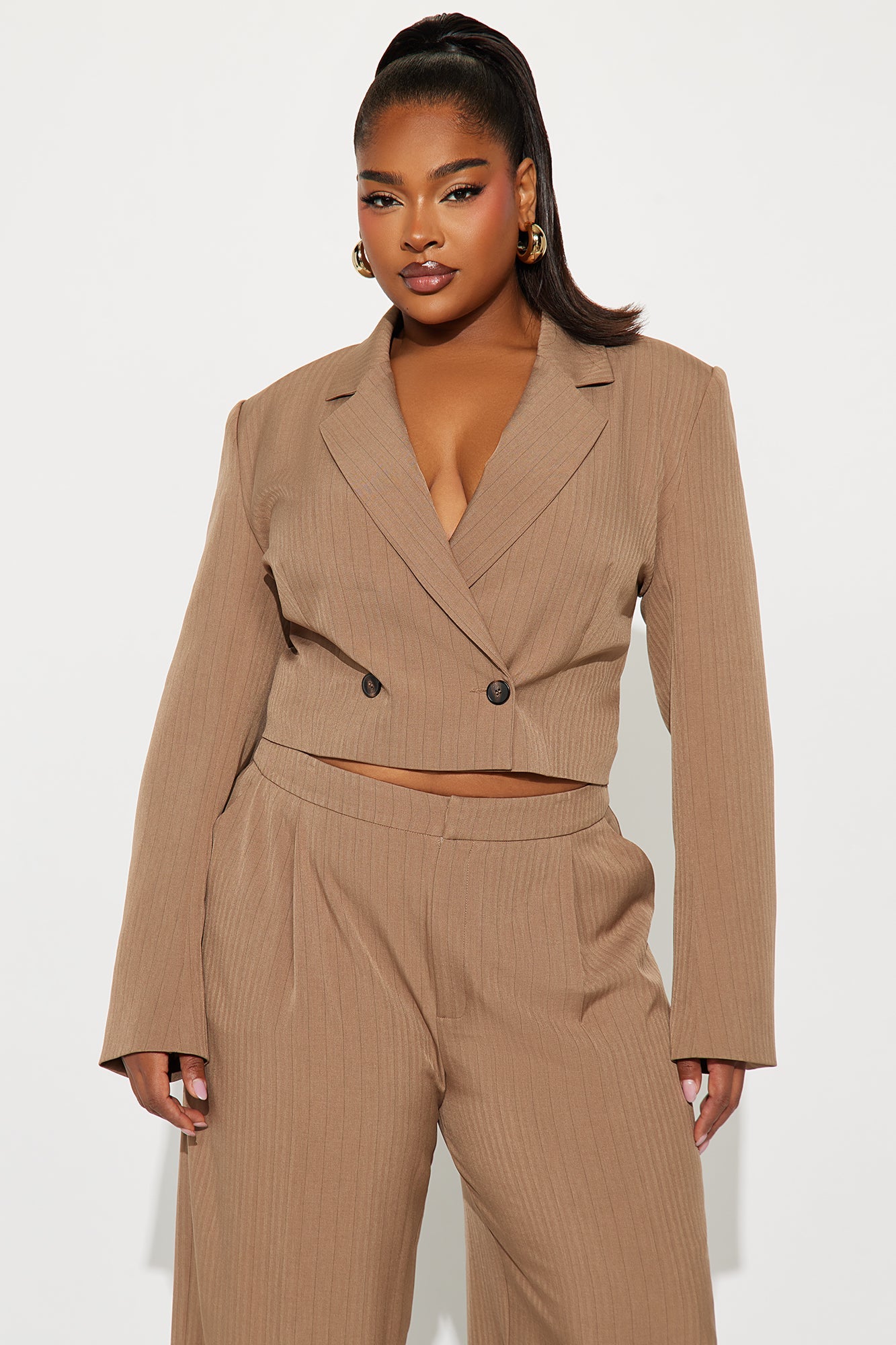 Becca Pinstripe Blazer Pant Set - Taupe