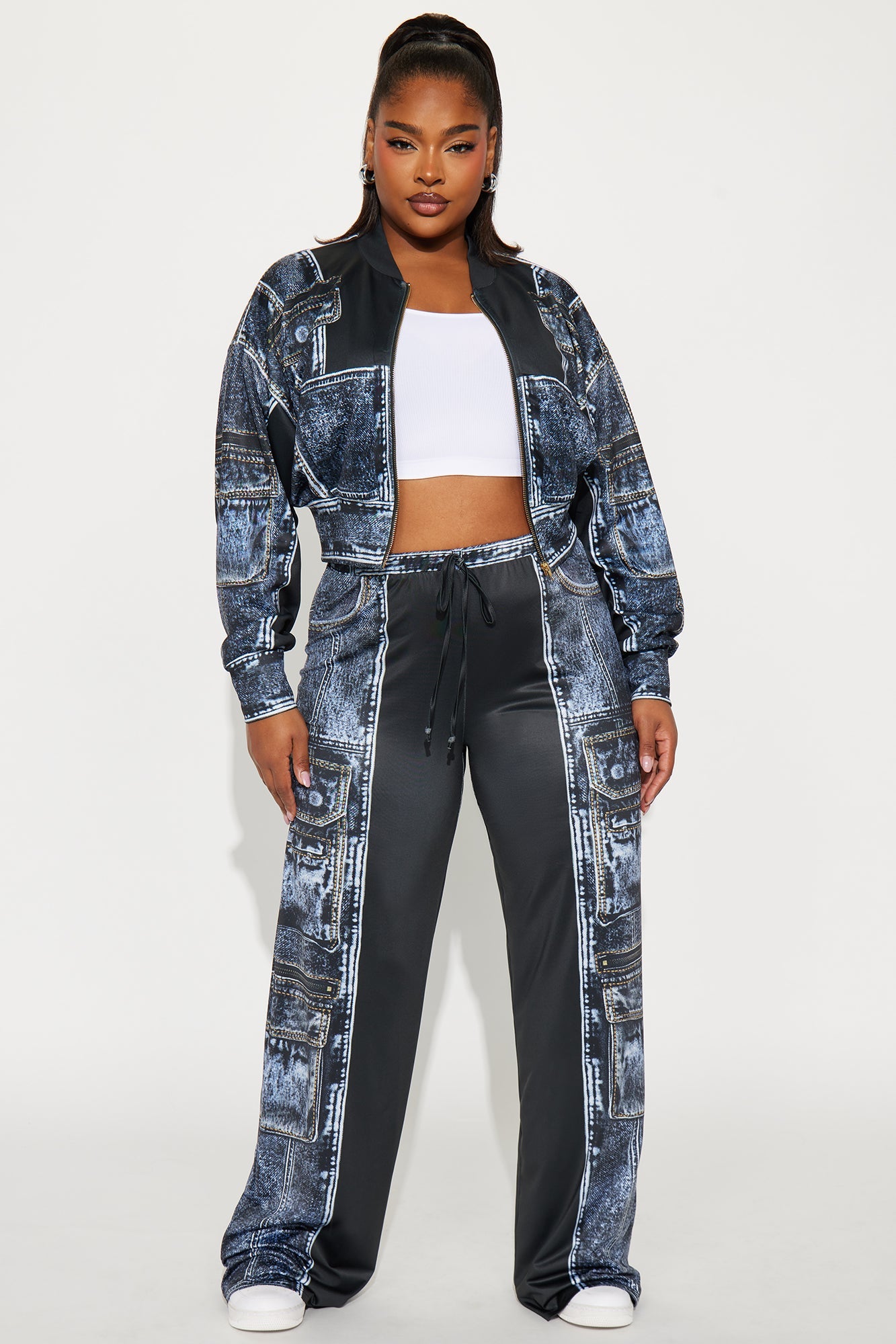 Give Me Details Denim Print Jacket Pant Set - Black/combo