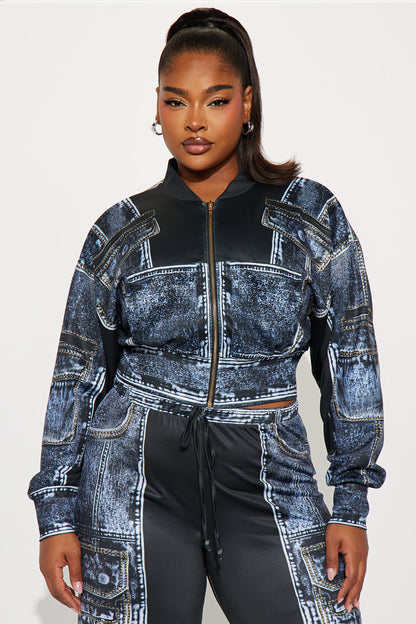 Give Me Details Denim Print Jacket Pant Set - Black/combo