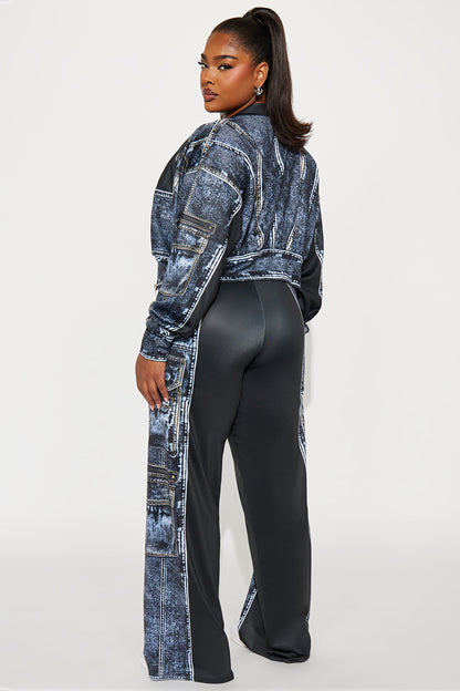 Give Me Details Denim Print Jacket Pant Set - Black/combo