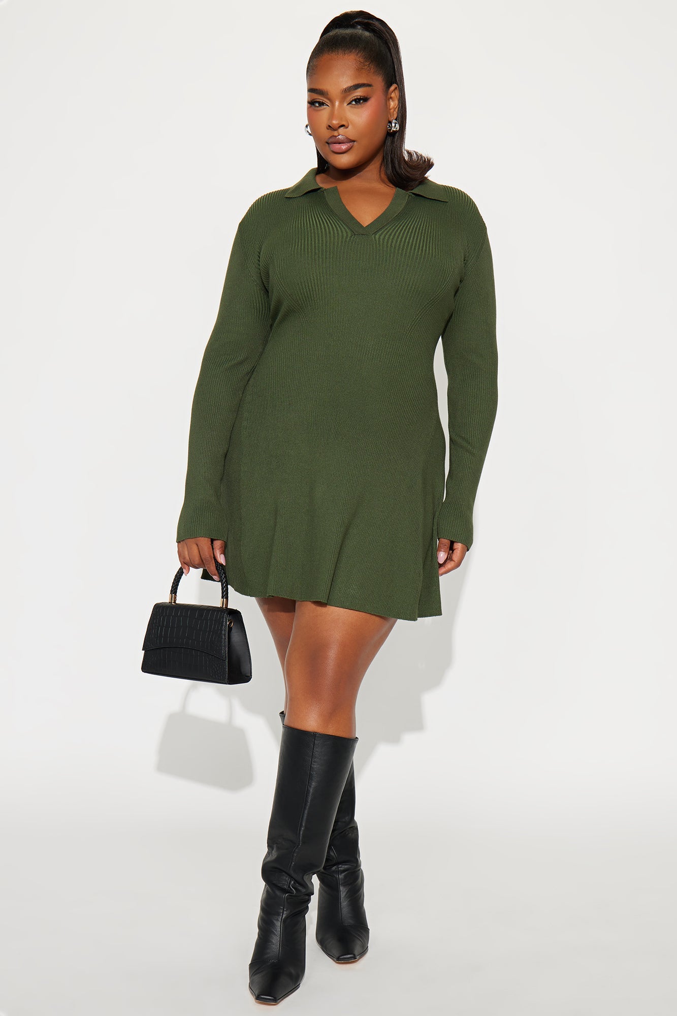 Soft Season Long Sleeve Sweater Mini Dress - Olive