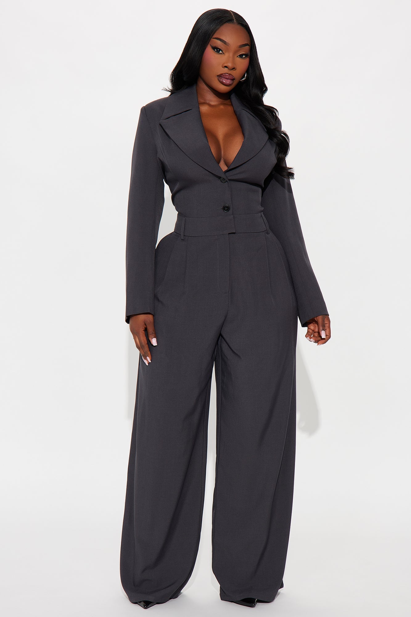 Deal Closer Blazer Wide Leg Jumpsuit - Charcoal