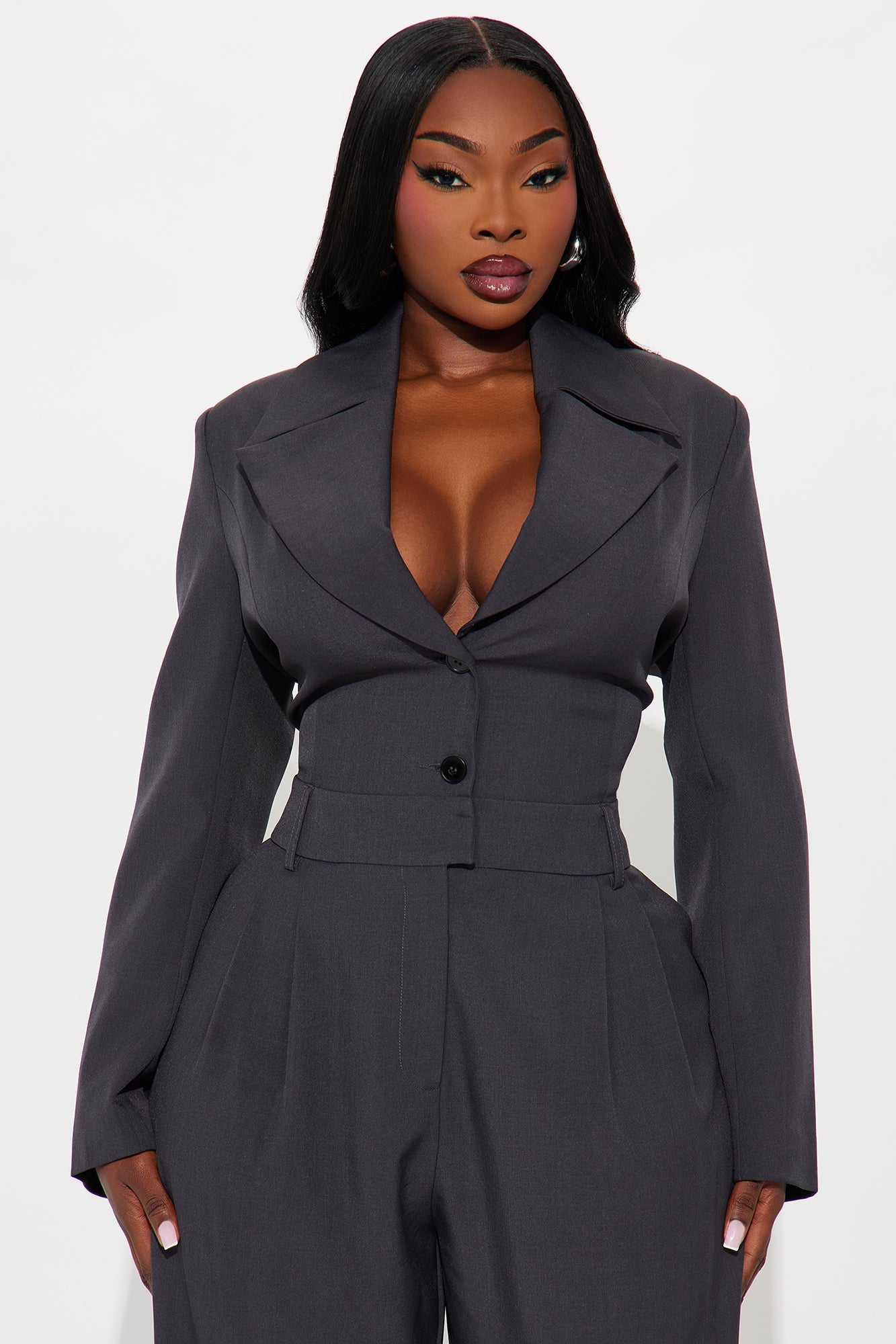 Deal Closer Blazer Wide Leg Jumpsuit - Charcoal