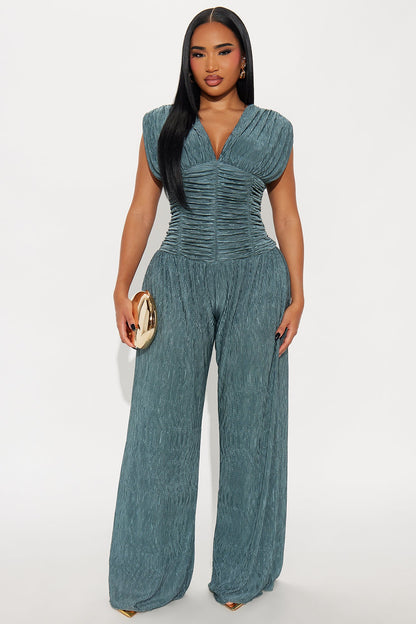 Karime Textured Wide Leg Jumpsuit - Teal