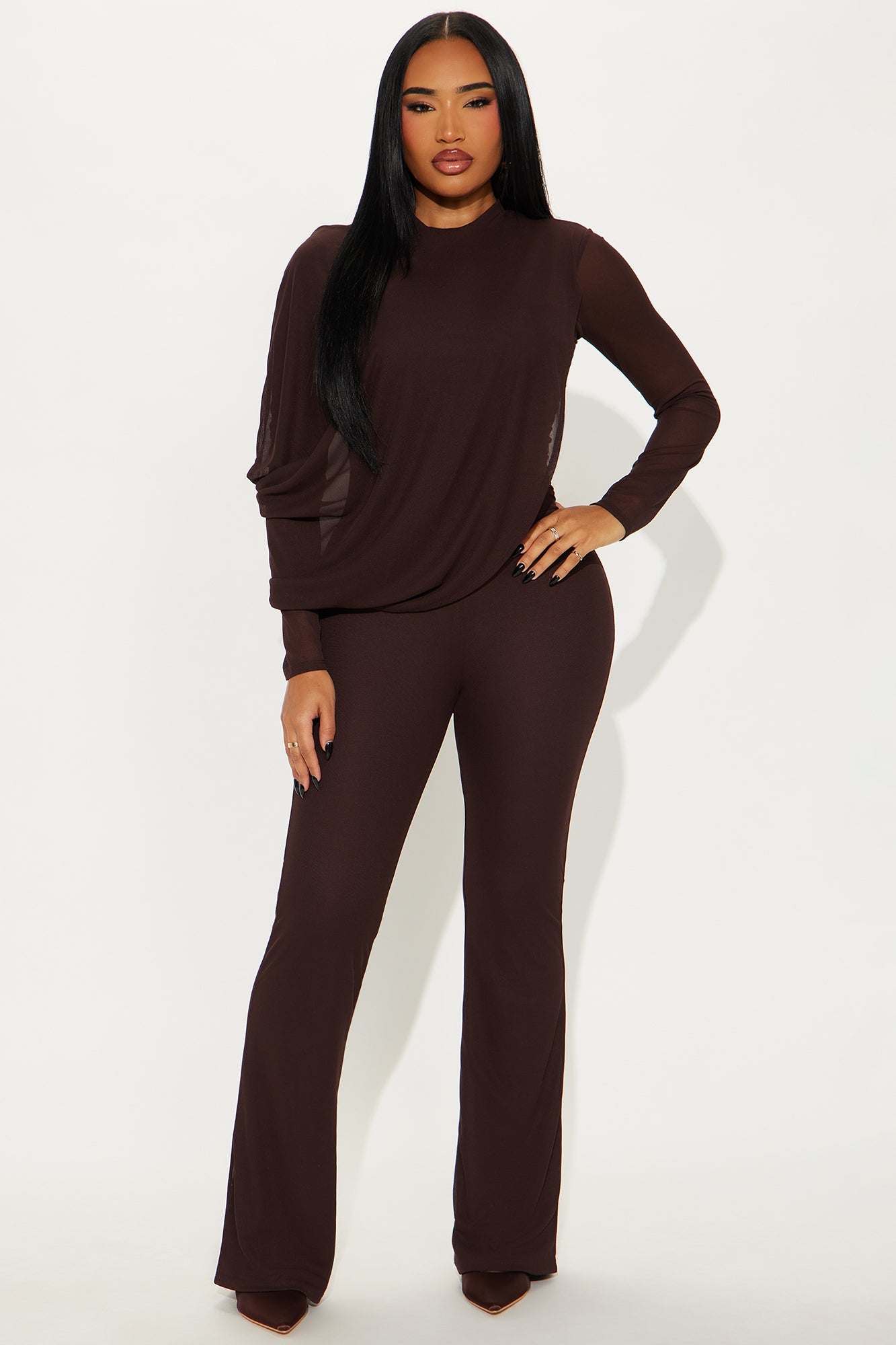 Livia Draped Long Sleeve Jumpsuit - Dark Brown