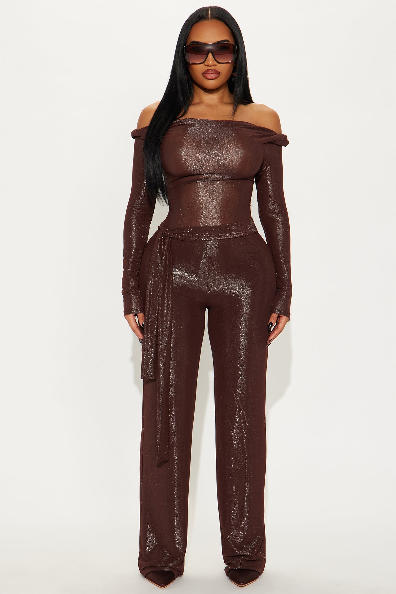 Claire Off Shoulder Metallic Knit Jumpsuit - Chocolate