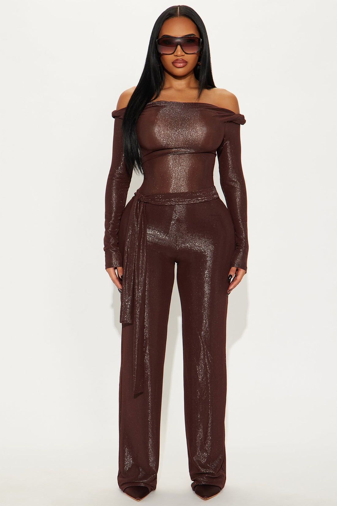 Claire Off Shoulder Metallic Knit Jumpsuit - Chocolate