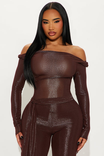 Claire Off Shoulder Metallic Knit Jumpsuit - Chocolate