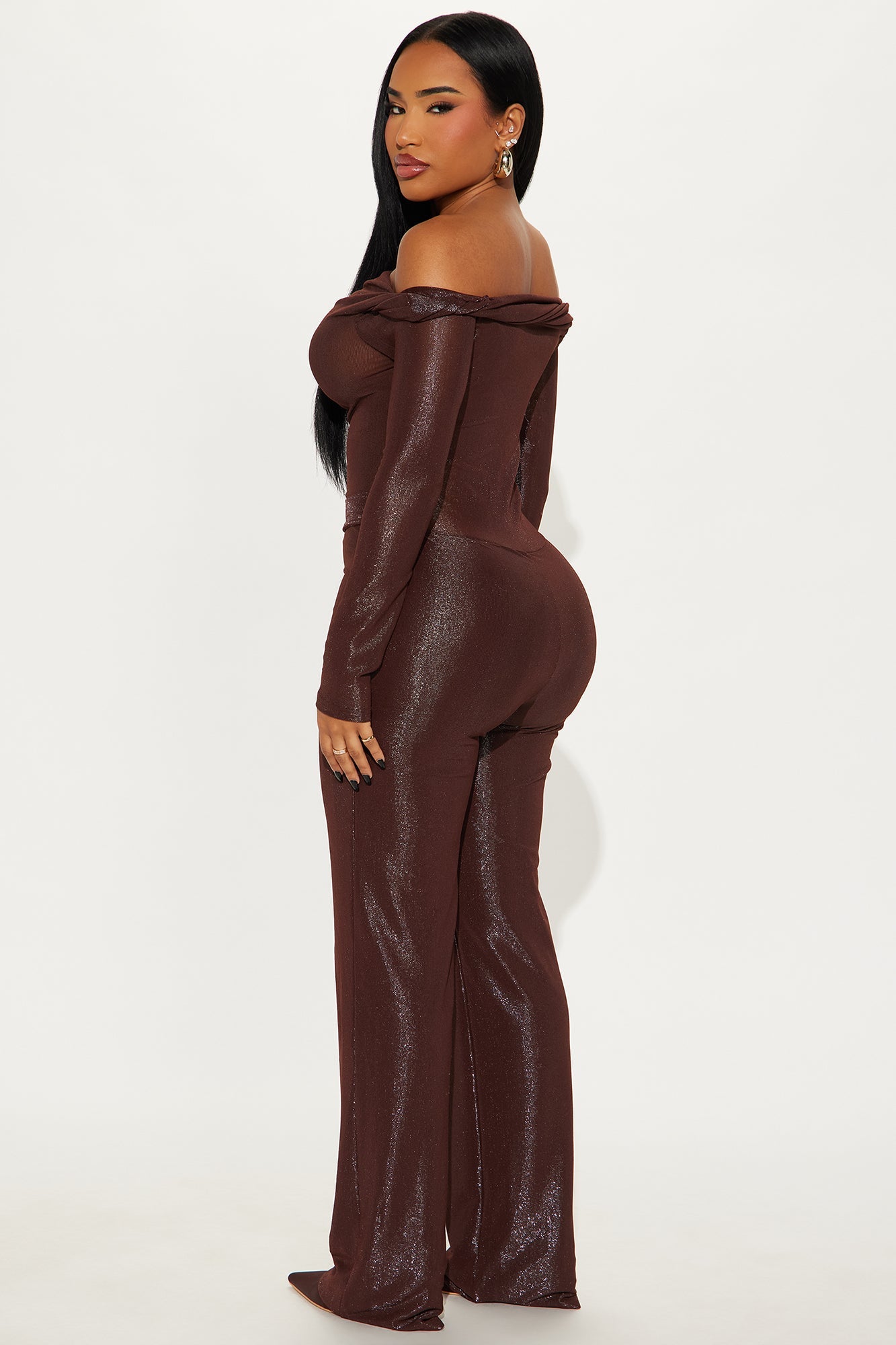 Claire Off Shoulder Metallic Knit Jumpsuit - Chocolate