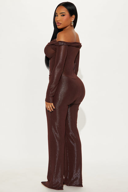 Claire Off Shoulder Metallic Knit Jumpsuit - Chocolate
