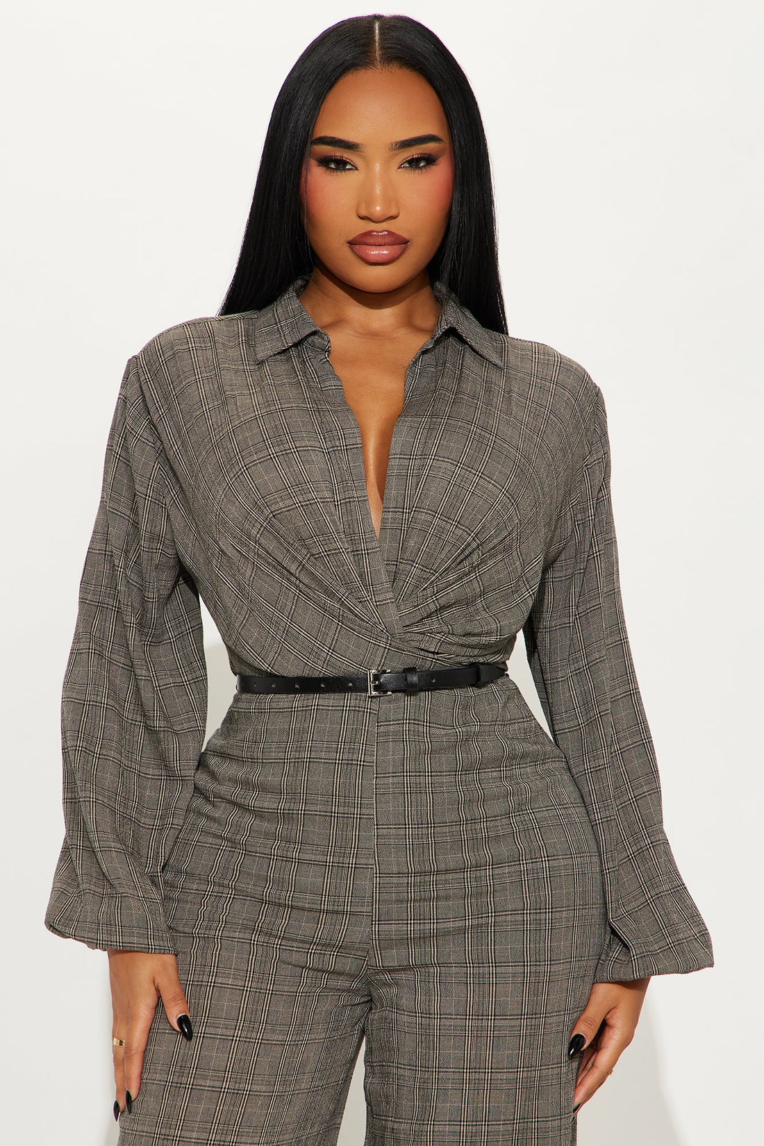 Angela Plaid Belted Jumpsuit - Black/combo