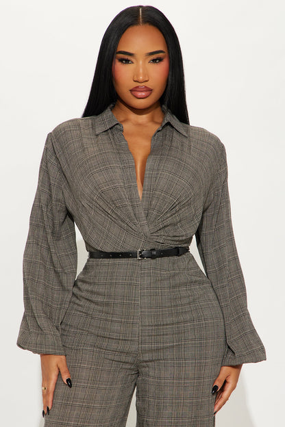 Angela Plaid Belted Jumpsuit - Black/combo